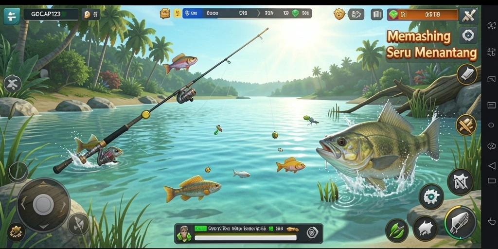 Tampilan gameplay GOCAP123 dengan karakter memancing di danau yang indah.