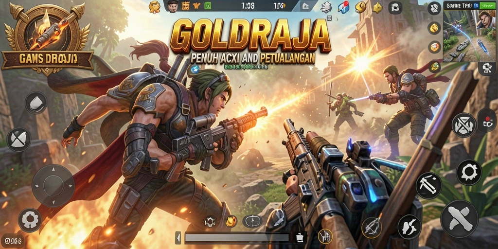 Tangkapan layar utama GOLDRAJA menampilkan aksi pertempuran seru di game TPS.