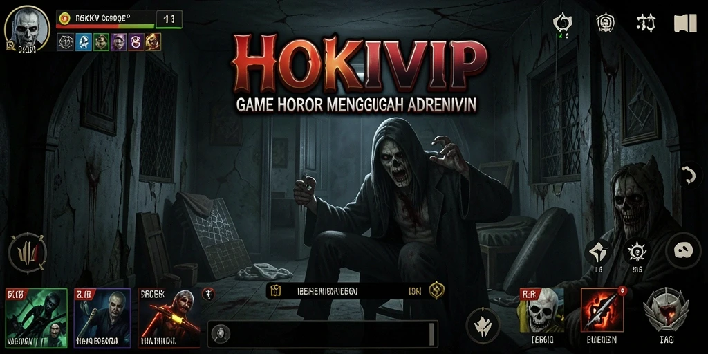 Screenshot gameplay HOKIVIP menampilkan momen menakutkan dalam suasana gelap.