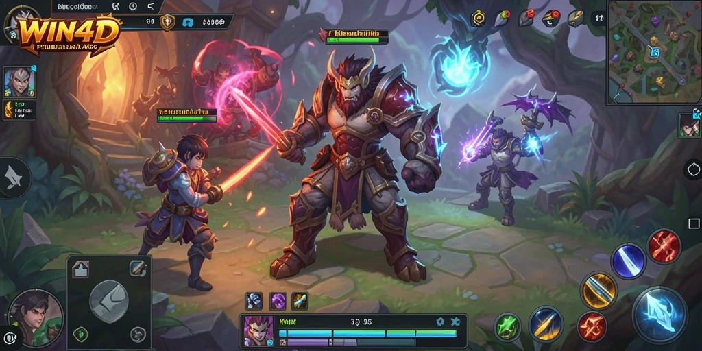 Screenshot utama WIN4D menampilkan aksi pertarungan epik dalam dunia fantasi.